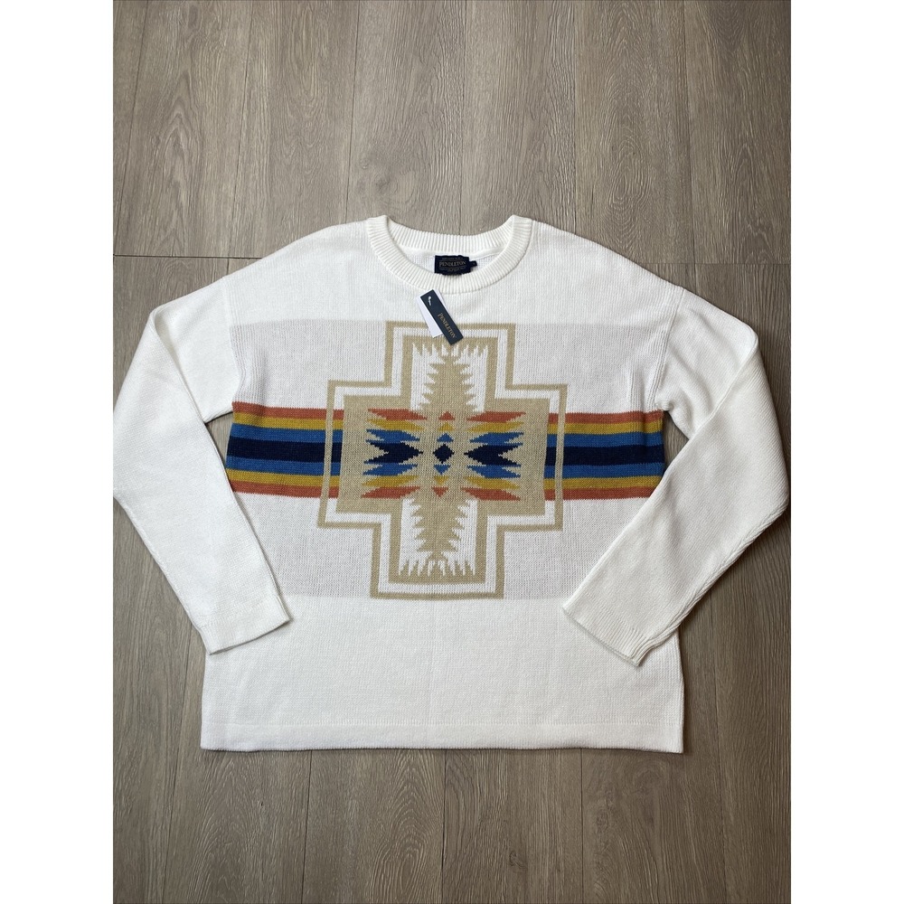 Pendleton Navajo Aztec Sweater Size Large L White New Long Sleeve Winter Rare!